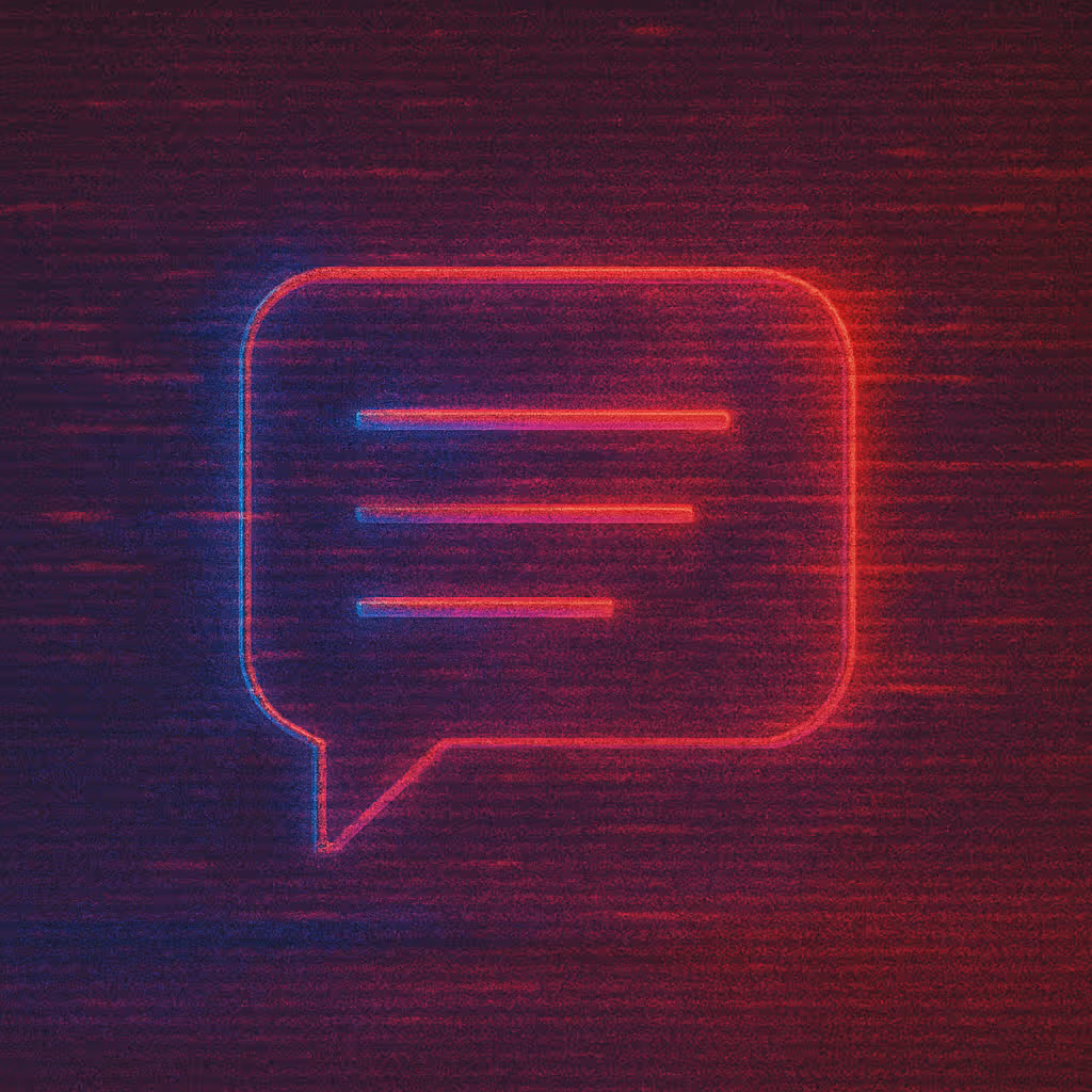 Neon glowing speech bubble icon with three horizontal lines on a dark textured background.