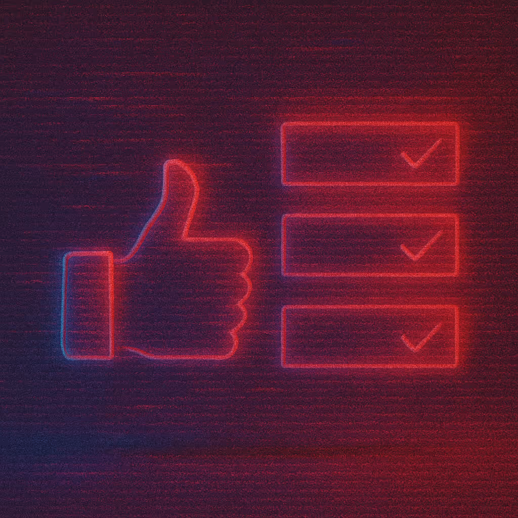 Neon style thumbs-up icon with three checkboxes, each containing a checkmark, on a dark textured background.