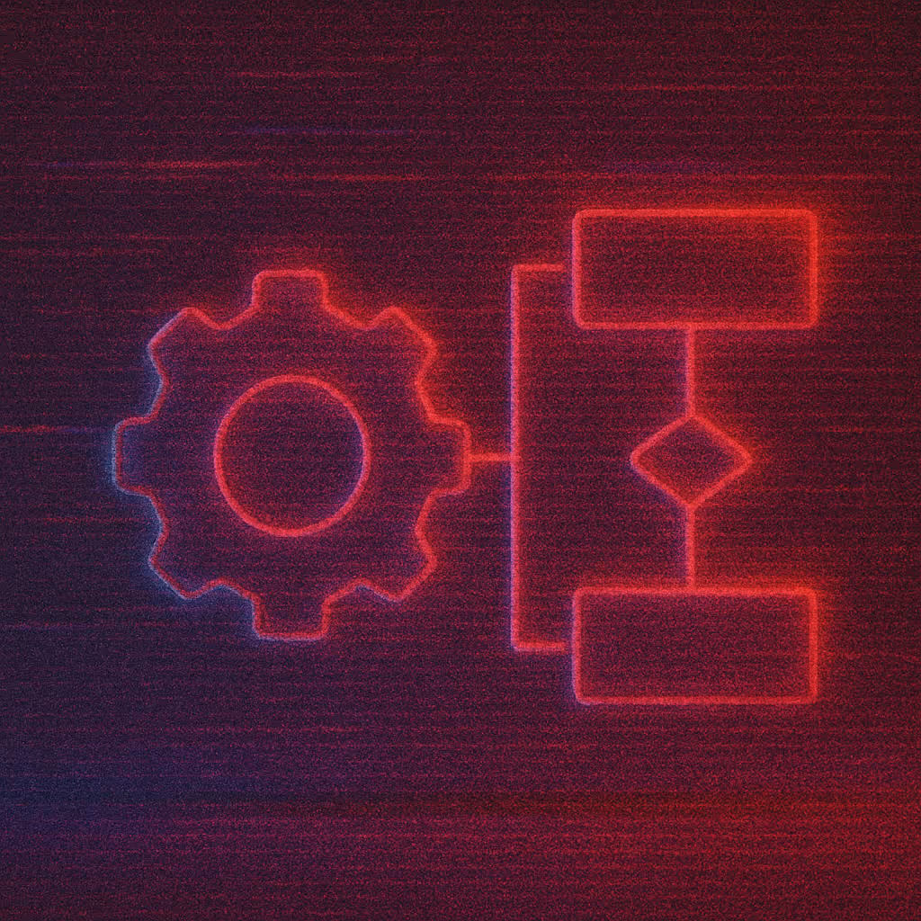 Glowing red neon icon of a gear connected to a flowchart with three nodes on a dark background.