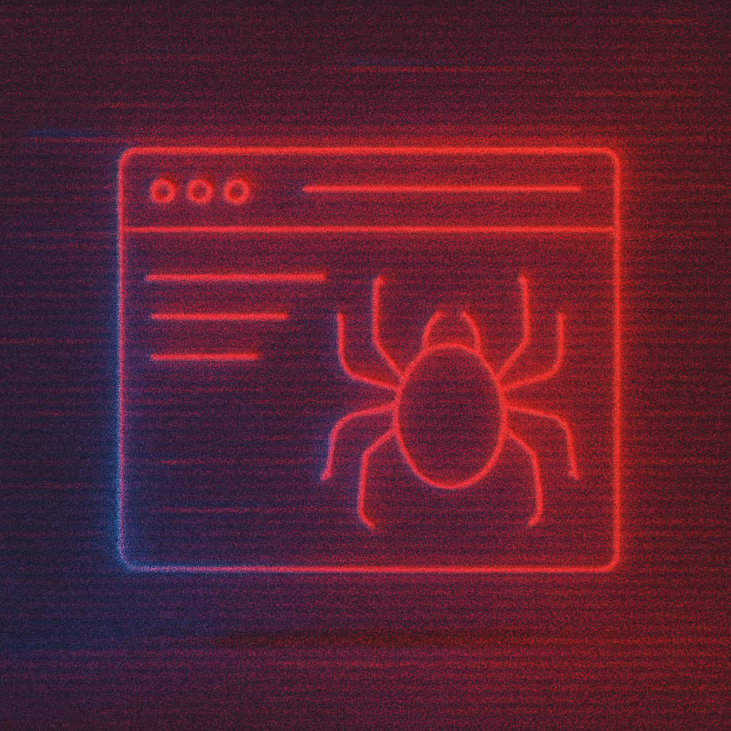 Neon red glowing outline of a computer window with a spider icon, representing a software bug or malware.