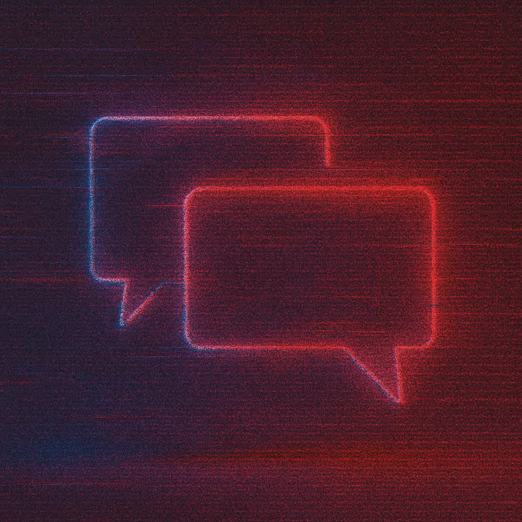 Two overlapping neon speech bubbles outlined in blue and red against a dark, grainy background.