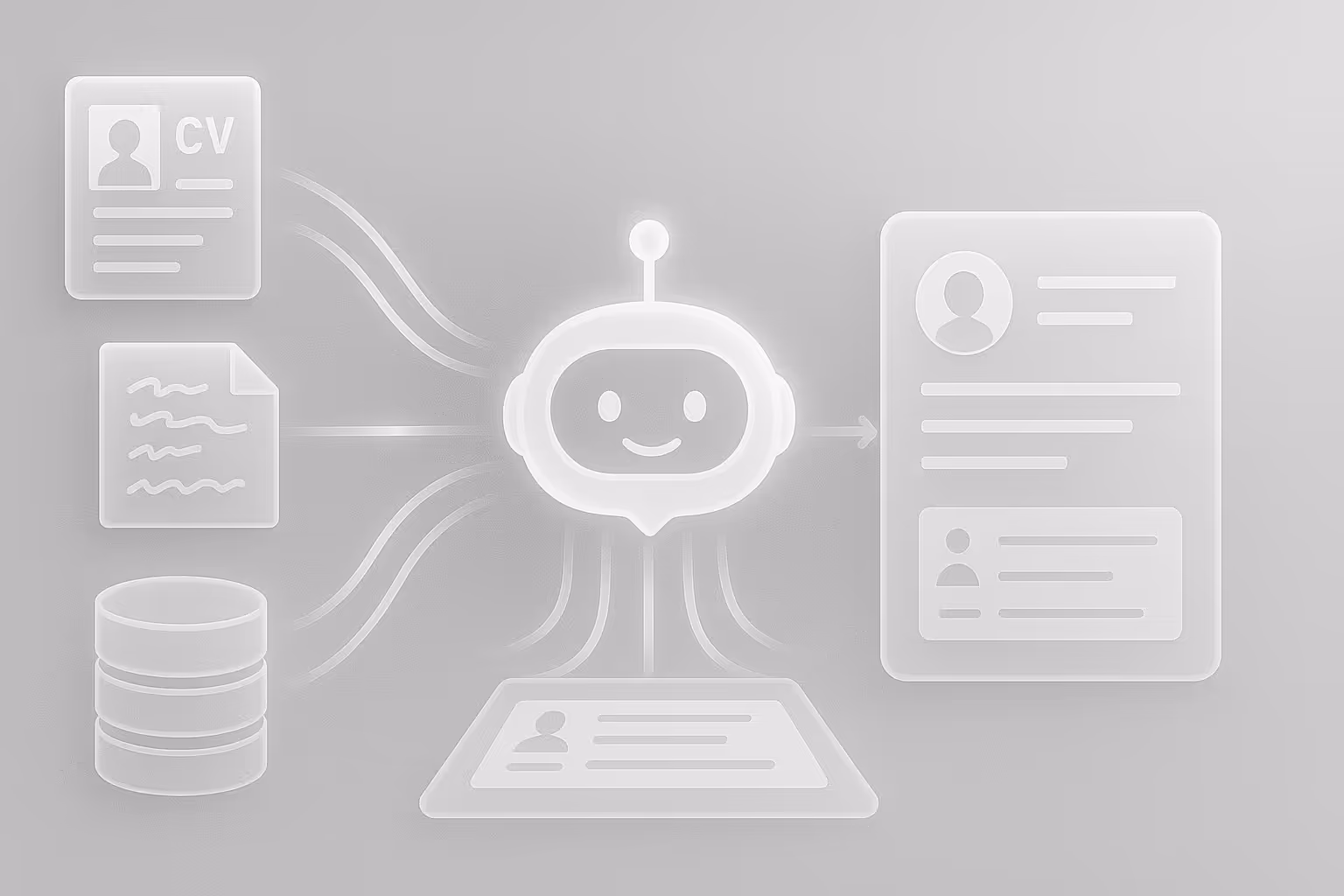 Diagram of a smiling chatbot processing data from CV, document, and database to generate a user profile summary.