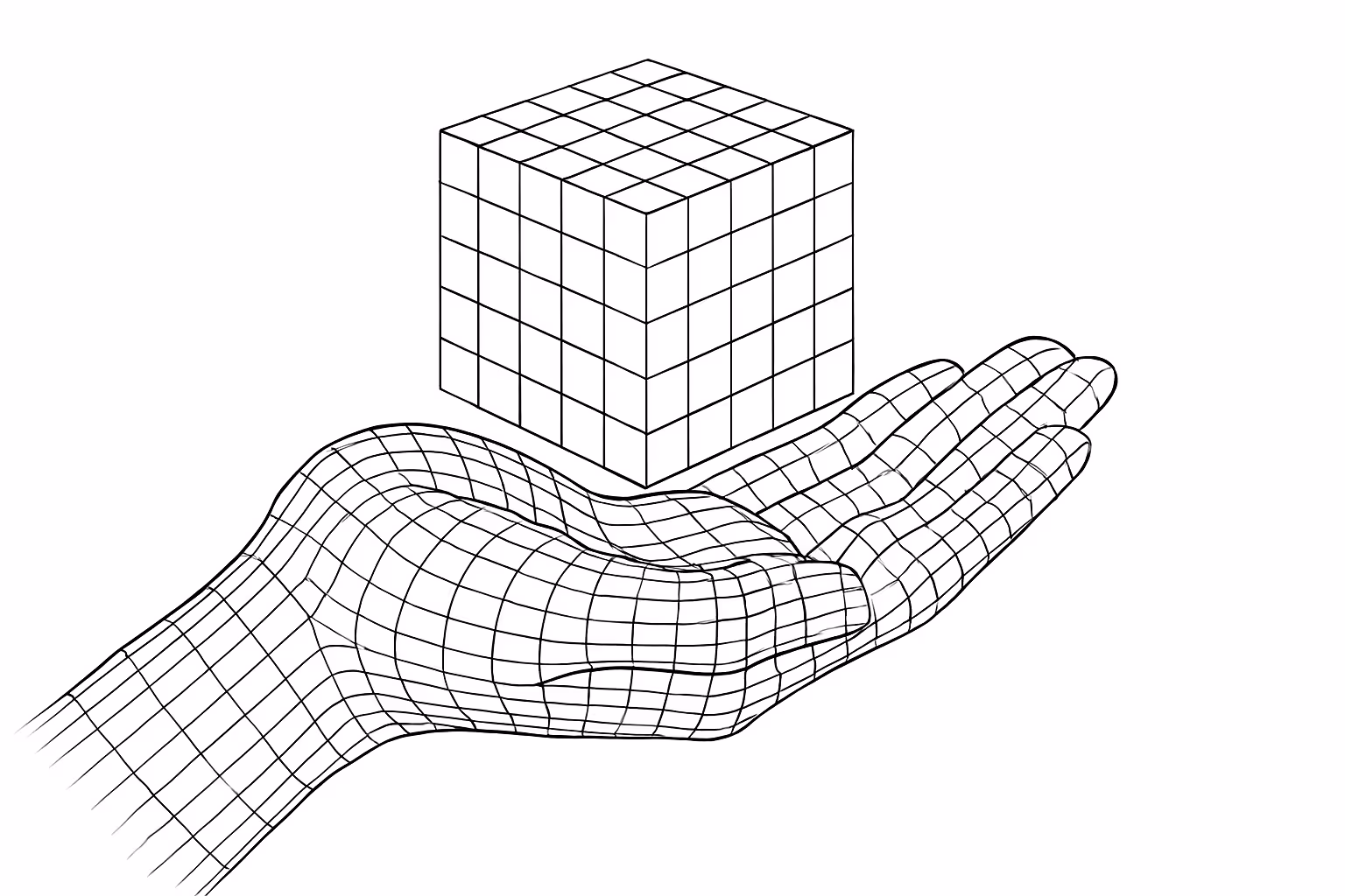 Wireframe illustration of a hand holding a floating cube made of smaller cubes.