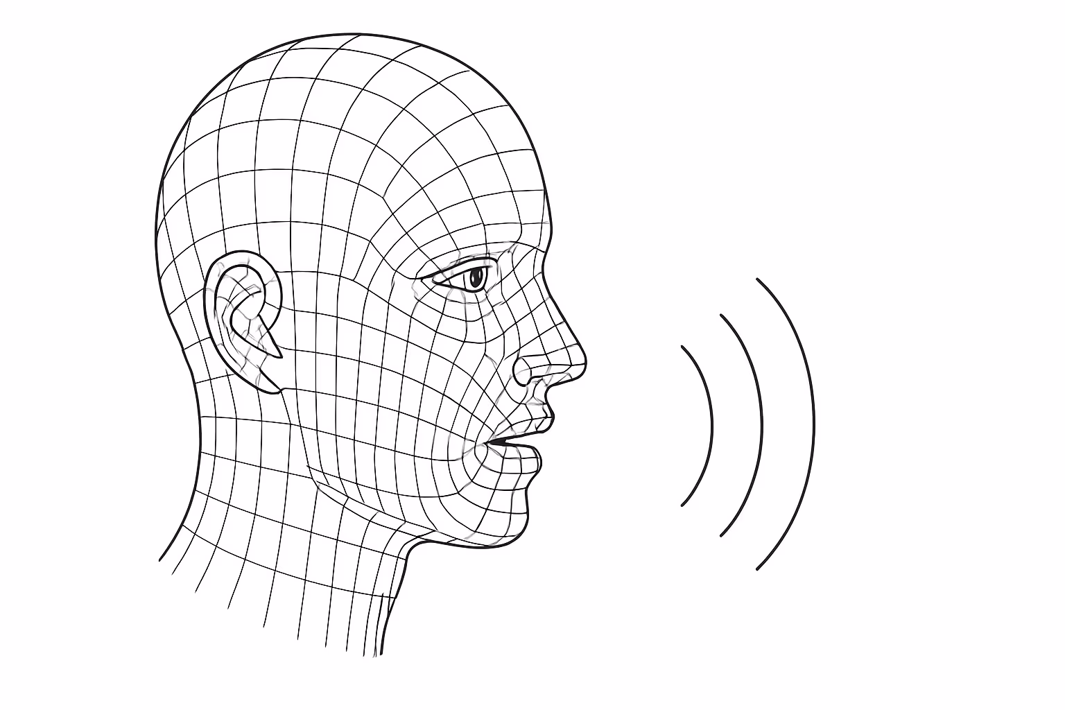 Wireframe side profile of a human head with sound waves emanating from the mouth.