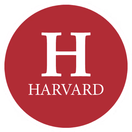 White capital letter H above the word Harvard in white on a circular crimson red background.