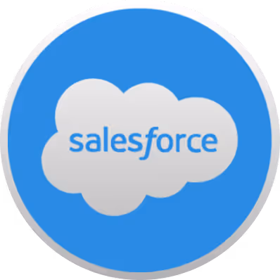 Salesforce logo featuring a white cloud with the word 'salesforce' in blue inside a blue circular background.