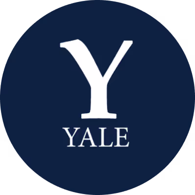 White Yale University 'Y' logo on a dark blue circular background.