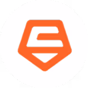 Orange stylized geometric emblem resembling a shield with horizontal and diagonal lines in a white circular background.