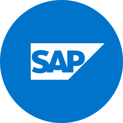 SAP logo with white letters inside a blue circle.