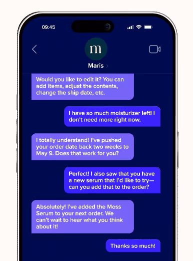 Smartphone screen showing a chat conversation with Maris discussing adjusting order contents, changing ship date, and adding a serum to a moisturizer order.