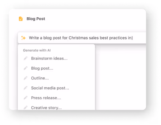 Interface showing a blog post title input with the text 'Write a blog post for Christmas sales best practices' and a dropdown menu listing AI generation options like Brainstorm ideas, Blog post, Outline, Social media post, Press release, and Creative story.