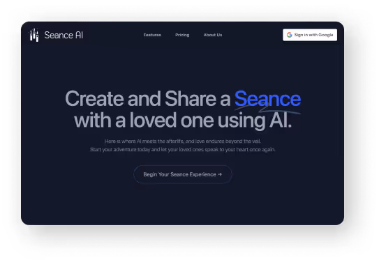Seance AI homepage with headline inviting users to create and share a seance with a loved one using AI, and a button to begin the Seance experience.