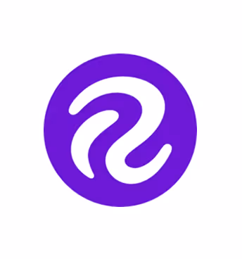 White abstract swirl shape inside a solid purple circle.