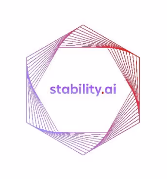 Stability.ai logo with stylized hexagonal shape formed by gradient lines transitioning from purple to red around the text 'stability.ai'.