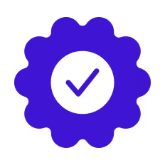 Blue badge or seal icon with a checkmark in the center indicating guarantee or approval.
