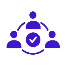 Three purple user icons connected in a circle with a checkmark in the center indicating verified collaboration.