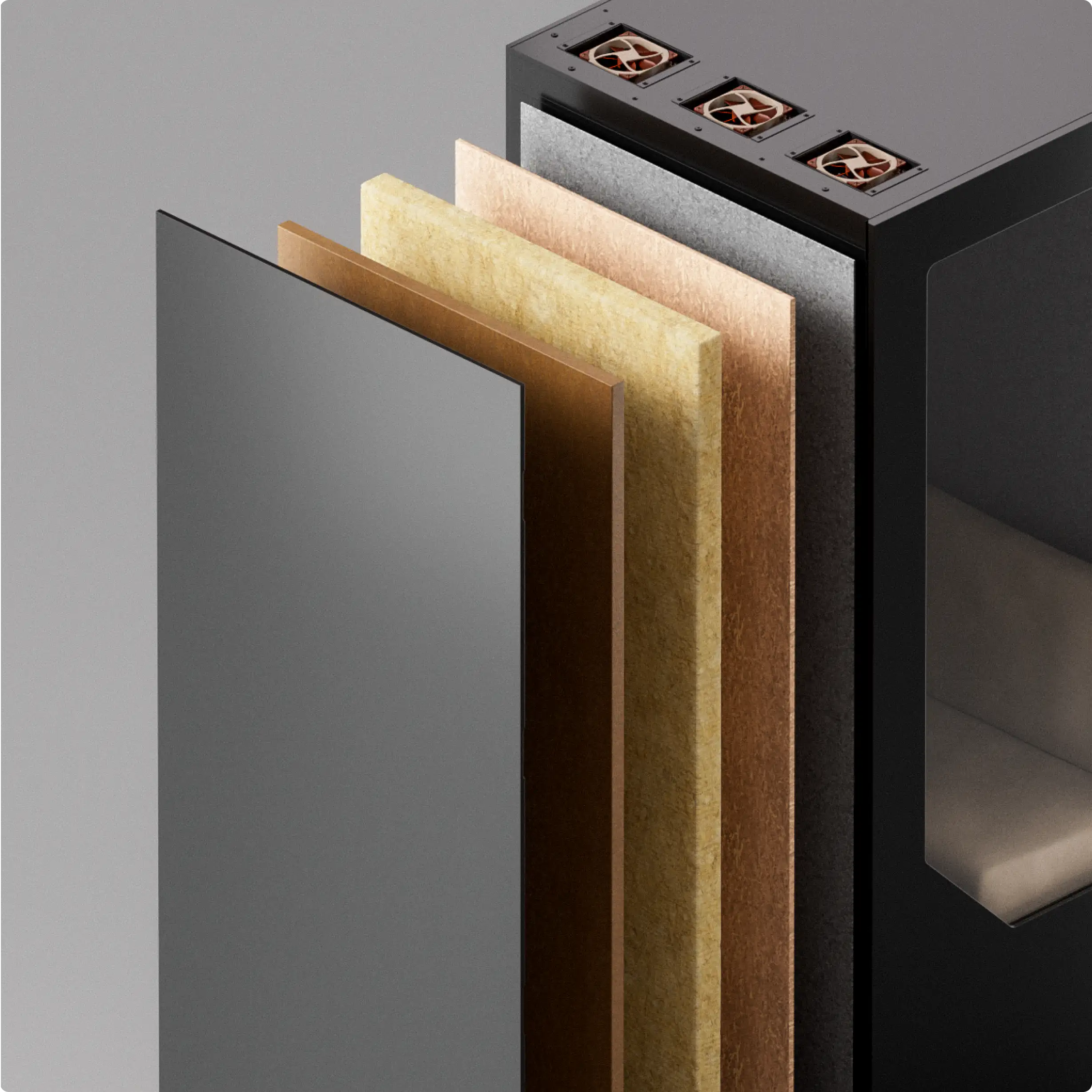 Five layers of soundproofing materials used in Persy Booth walls