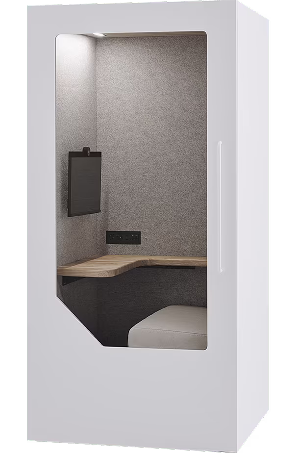 Persy booth interior with desk, seat, lighting and acoustic walls