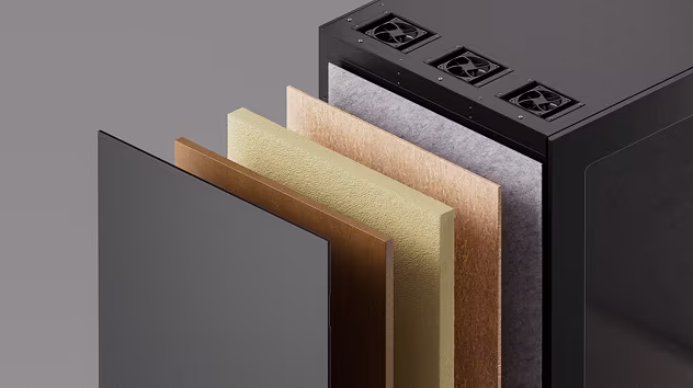 Exploded view of a black rectangular device showing multiple layered materials inside for soundproofing and ventilation fans on top.