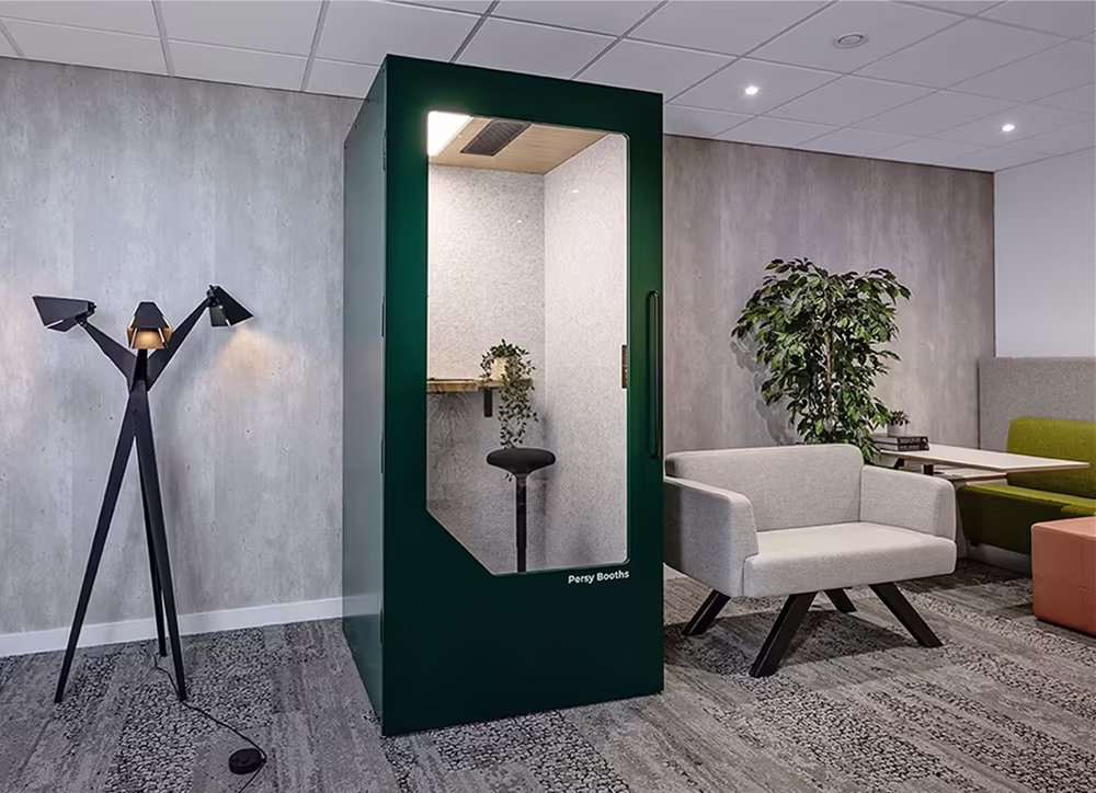 Office pod integrated into workplace design to support privacy and focused work