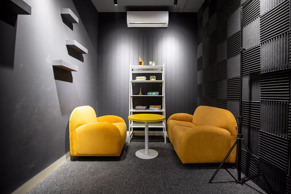 Acoustically treated office space illustrating sound masking principles
