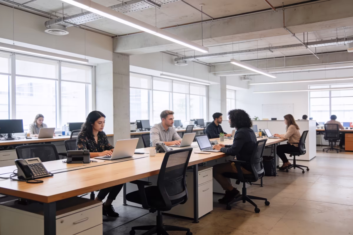 Employees working at shared desks in a modern open plan office workspace