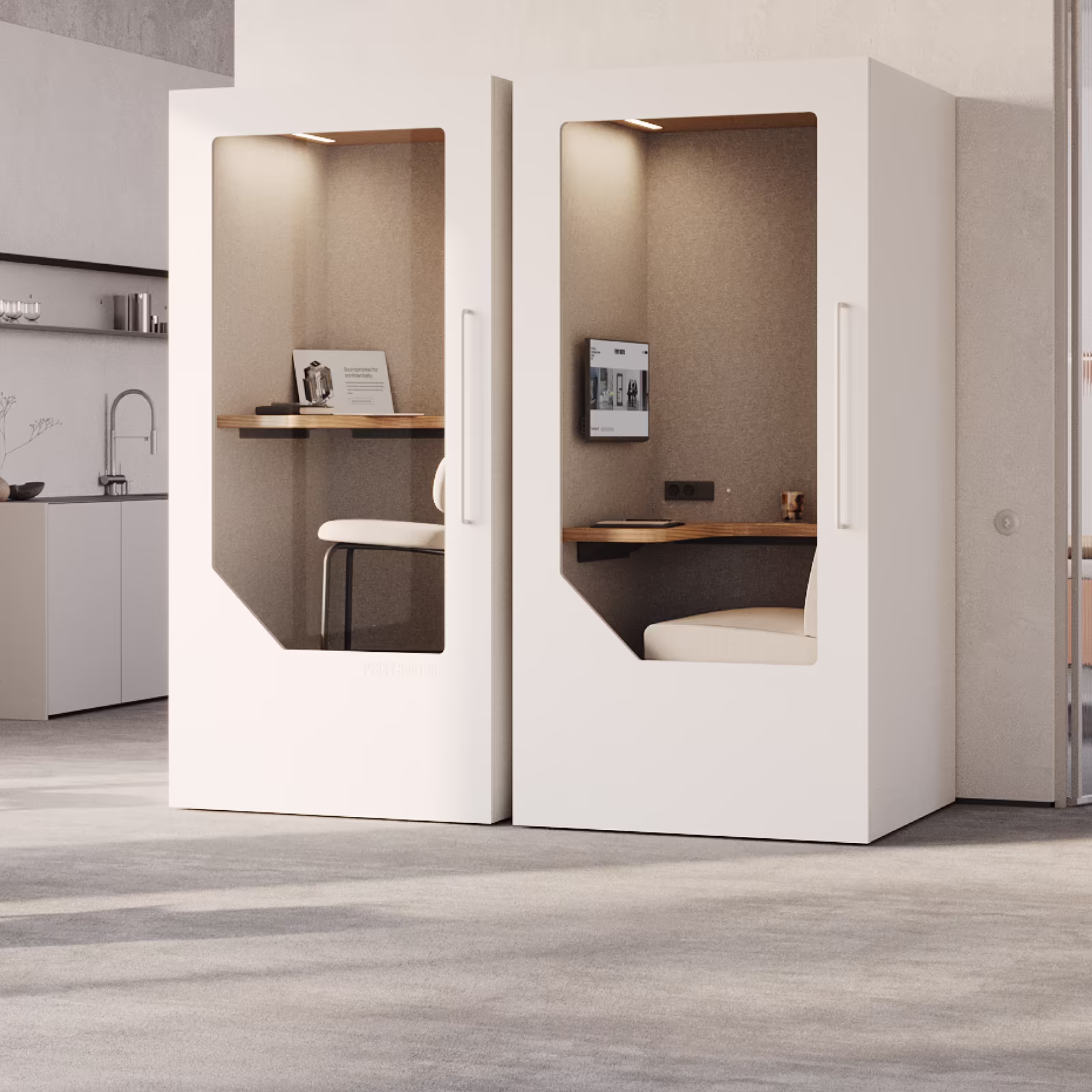 Modern office with Persy soundproof pods in use — one person working in a single booth and another in a meeting pod, showcasing privacy and productivity solutions.