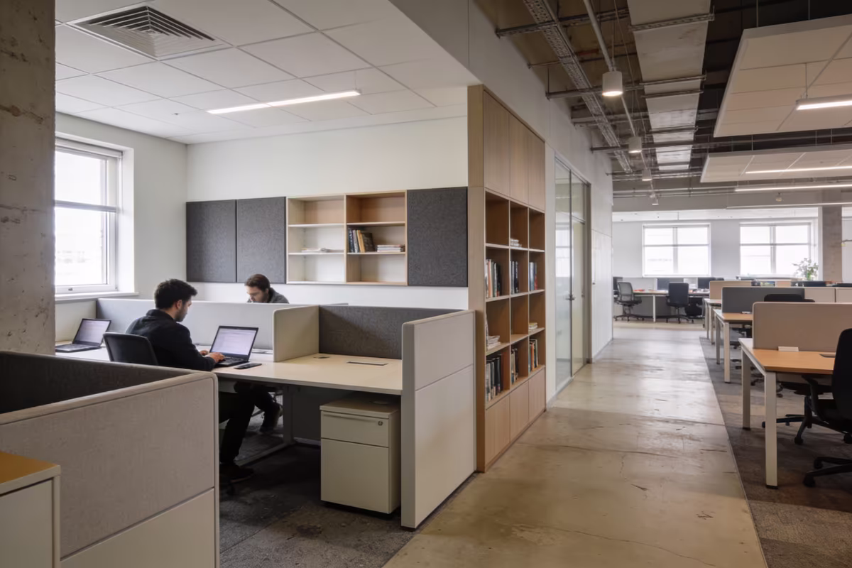 Open office workspace with partitioned desks designed for focused individual work