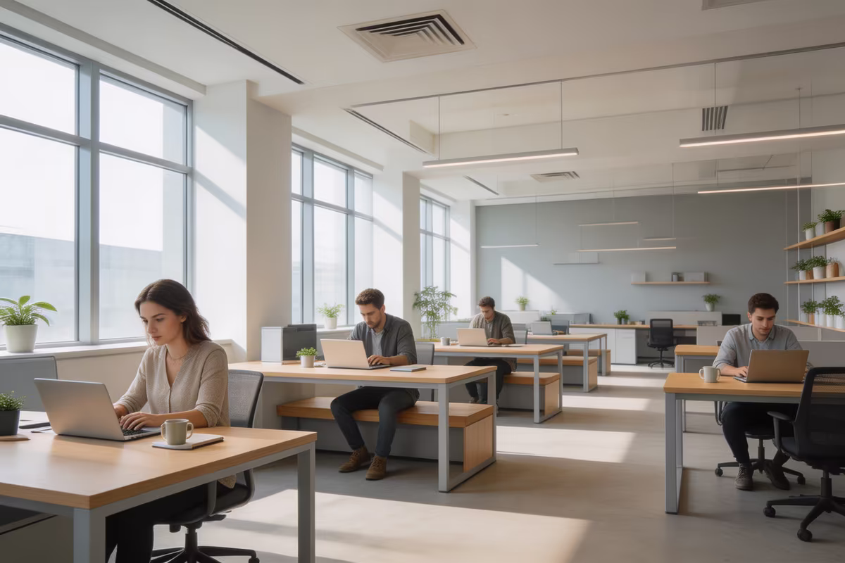 Open office workspace with people working independently on laptops in a shared environment