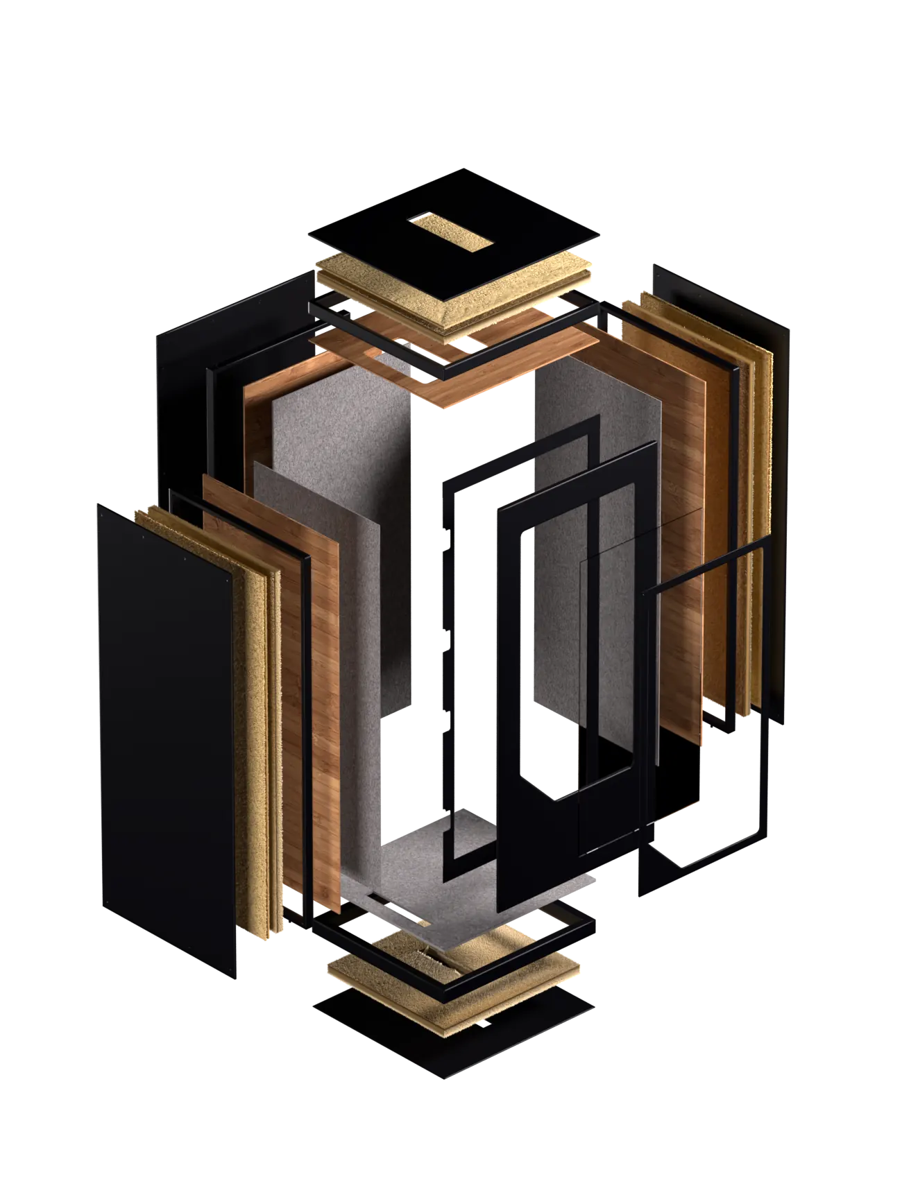 Exploded view of a Persy Booth showing its soundproofing layers and construction.