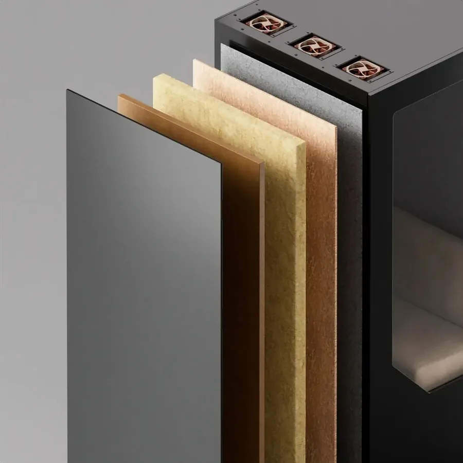 Exploded view of the soundproofing layers inside a Persy Booth