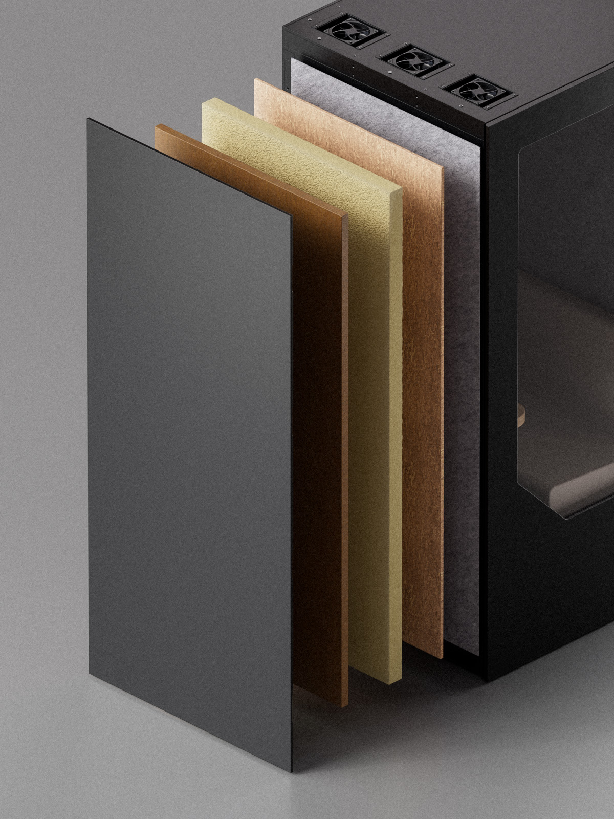 Cross-section of Persy soundproof office booth wall showing multi-layer acoustic insulation achieving -28 dB speech reduction, ISO-certified for professional workspace noise control.