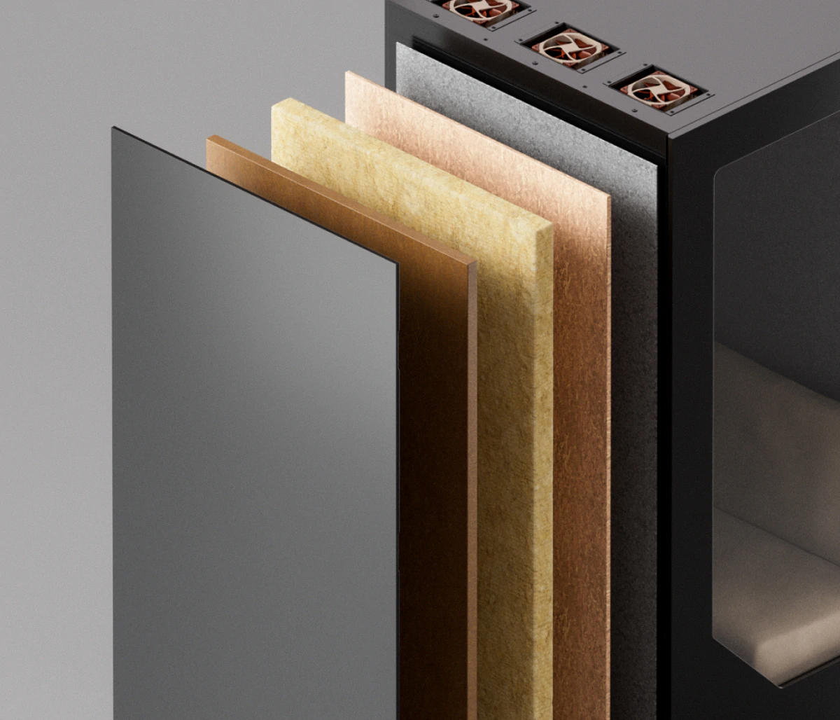 Cross-section of Persy soundproof office booth wall showing multi-layer acoustic insulation achieving -28 dB speech reduction, ISO-certified for professional workspace noise control.
