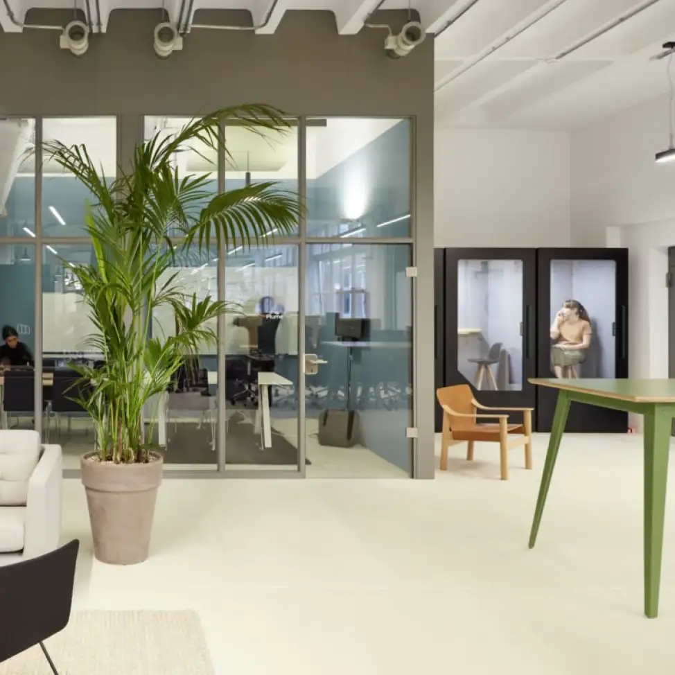 Open office with soundproof booth for private work, featuring modern furniture, plants, and exposed wooden ceiling
