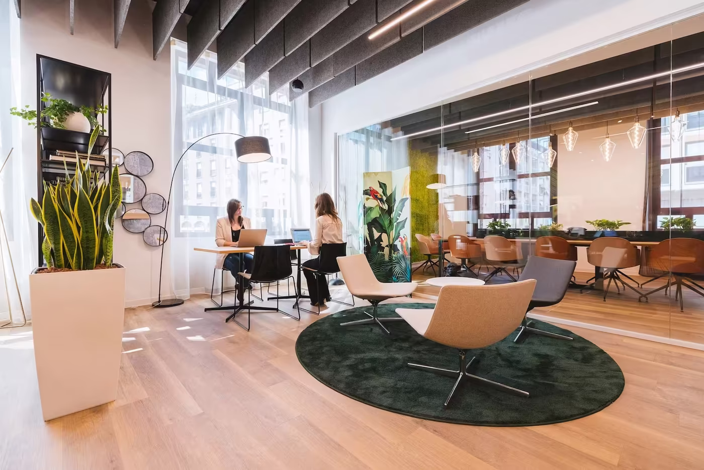Modern coworking space with collaborative seating and natural light