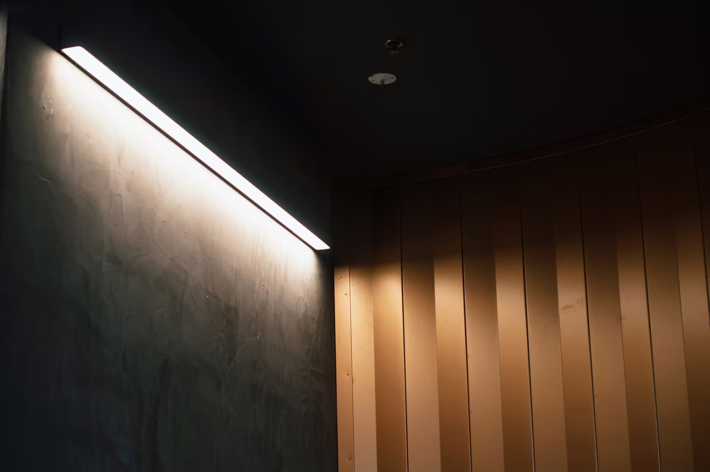Modern office wall with acoustic panels and soft lighting