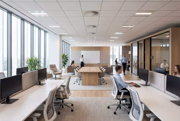 Modern open office with clearly defined work and collaboration zones
