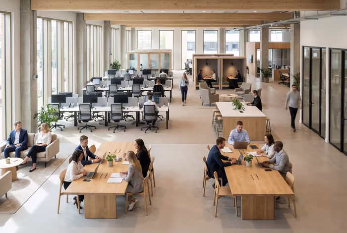 Open office with soundproof booth for private work, featuring modern furniture, plants, and exposed wooden ceiling