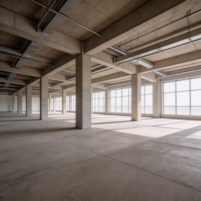 Empty commercial office interior in shell and core condition with exposed structure and open floor space
