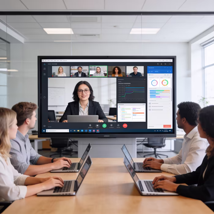 Team collaborating in a modern office using a large screen video call interface and connected laptops