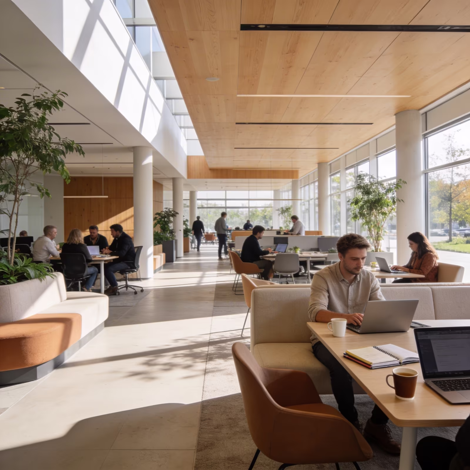 Modern office with people working individually and collaborating in a flexible hybrid workspace