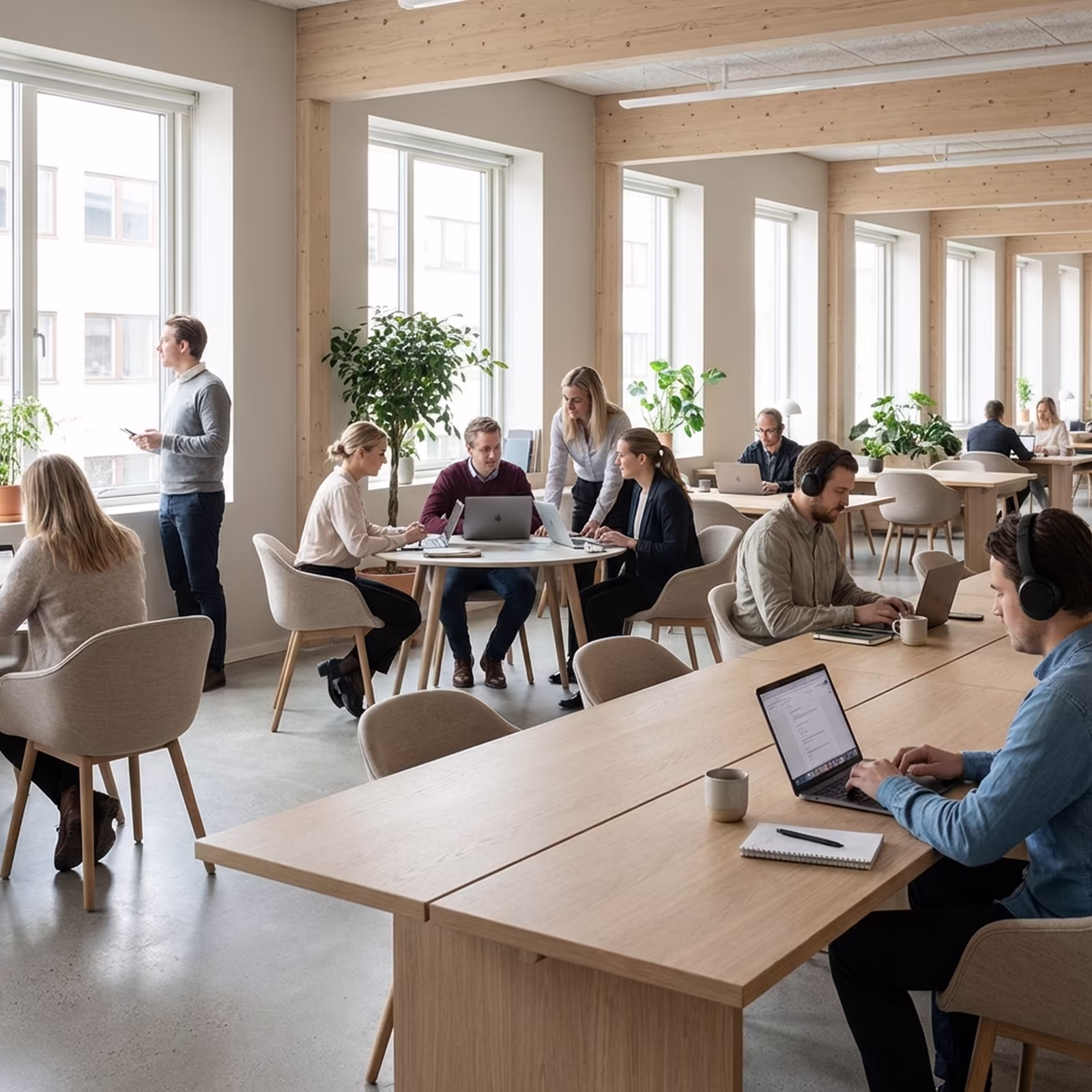 Employees collaborating and working in a modern open office environment