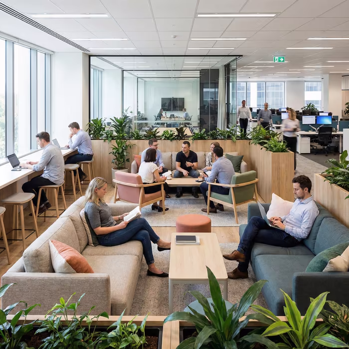 Open office breakout area with informal seating used for collaboration, focused work, and casual conversations