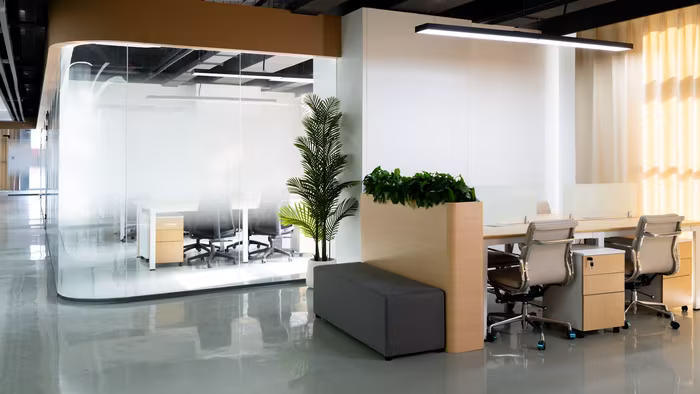 Glass-walled meeting rooms and open workspace in a modern soundproofed office