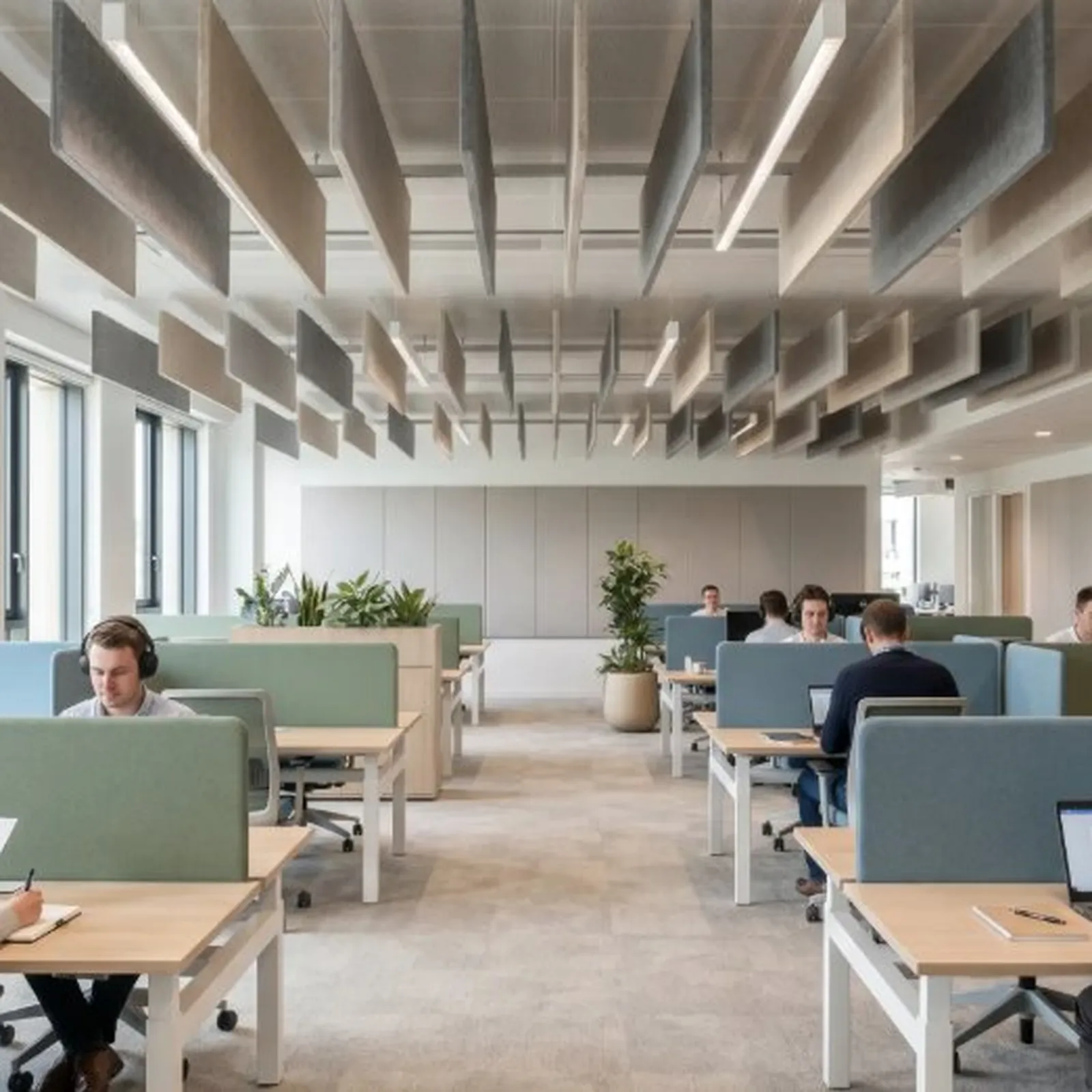 people working at desks with acoustic panels in a modern open-plan office