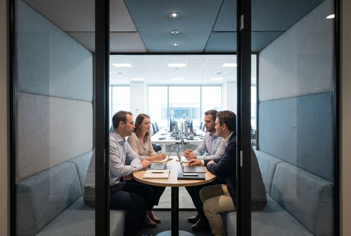 Team meeting inside a soundproof pod within an open office