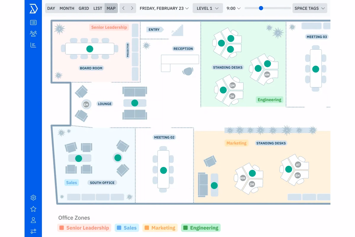 Office booking platform Skedda showing an interactive floor plan with meeting rooms, standing desks, team zones, and available workspaces.