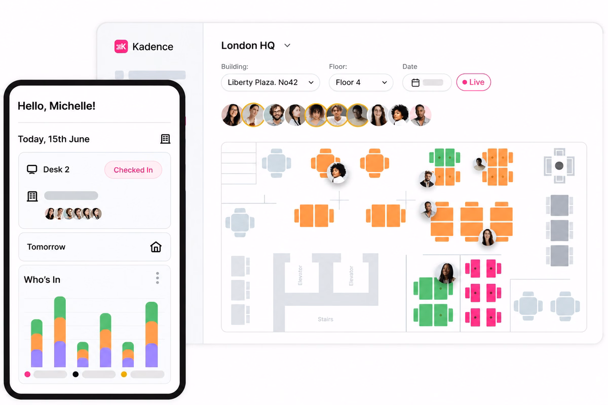 Kadence workplace management dashboard showing a London HQ office floor plan with color-coded desks, employee avatars, check-in status, and a mobile view displaying desk booking and office attendance information.