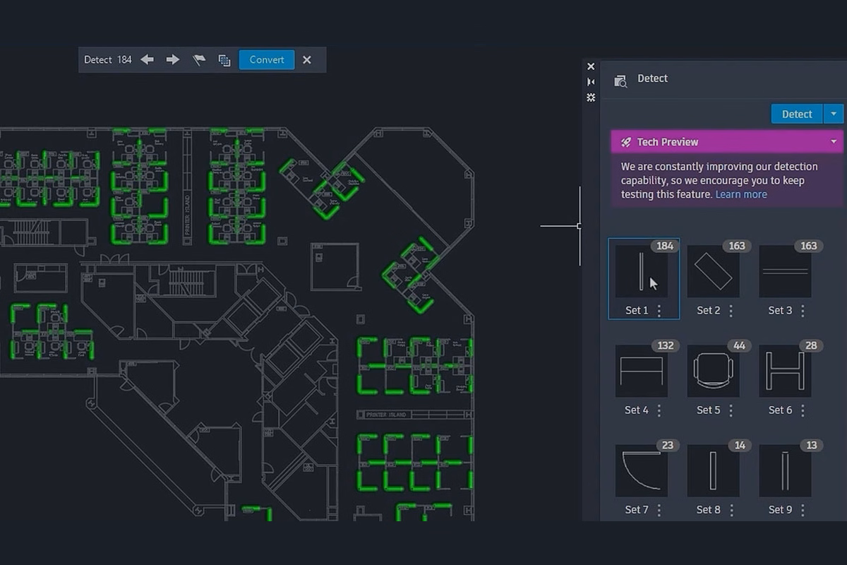 Office floor plan creation software AutoCAD highlighting desk and furniture elements in green, with a side panel showing detected object sets and counts.