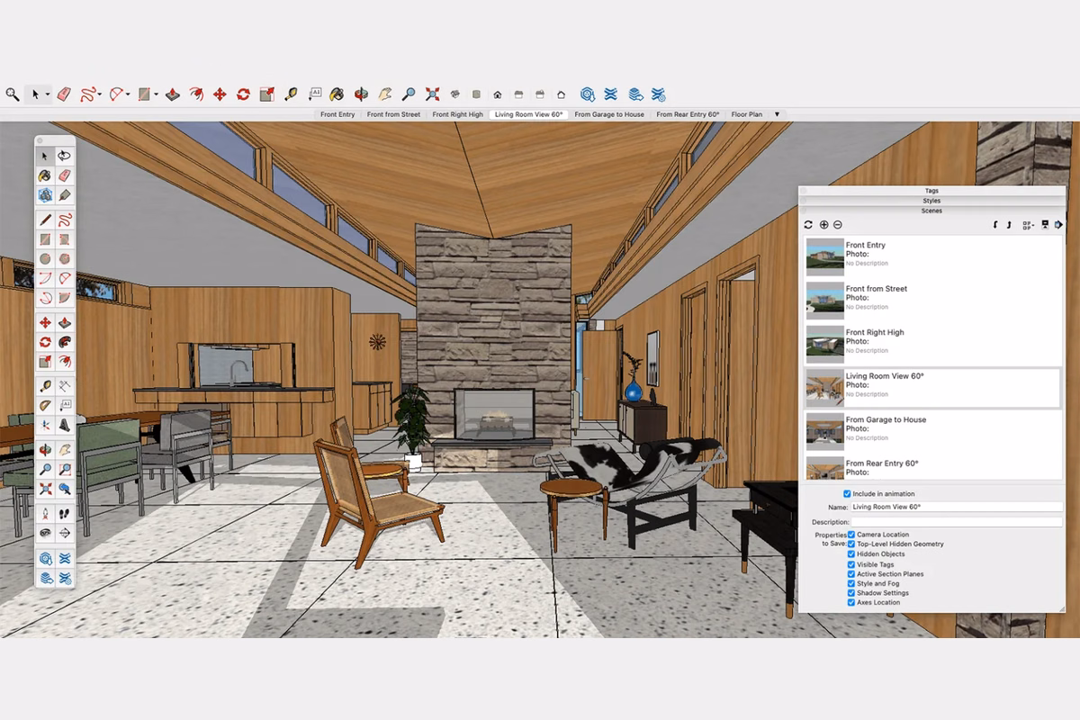 SketchUp interface showing a 3D interior design of a modern living room and kitchen with wood finishes, a stone fireplace, furniture, and scene settings visible in the side panel.